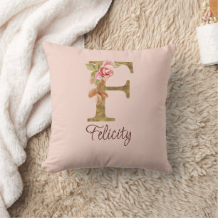 Cojín Decorativo Nombre personalizado letra F hoja de oro rosas ros