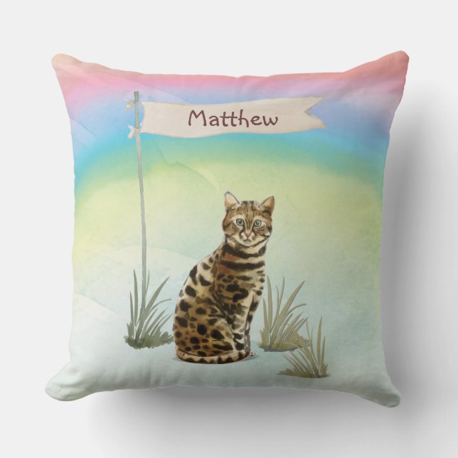 Cojín Decorativo Nombre personalizado Mascota de gato bengalí (Anverso)