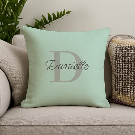 Cojín Decorativo Nombre personalizado Monograma Elegante Guión Mint
