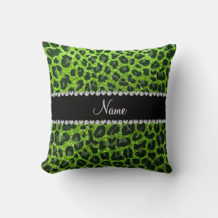 Cojín Decorativo Nombre personalizado neón verde purpurina leopardo