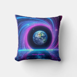 Cojín Decorativo Nombre personalizado Portal del Planeta Neon Retro