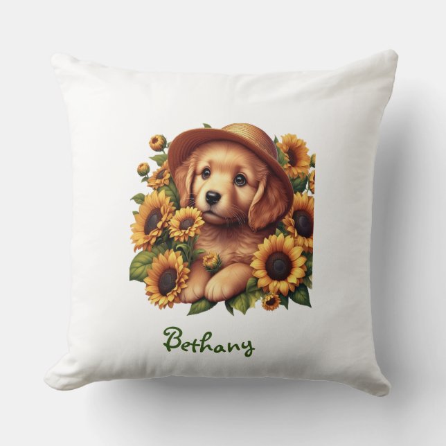 Cojín Decorativo Nombre personalizado, Puppy, gorra, girasoles acua (Anverso)