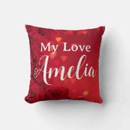 Cojín Decorativo nombre personalizado rosa roja romántica de San Va