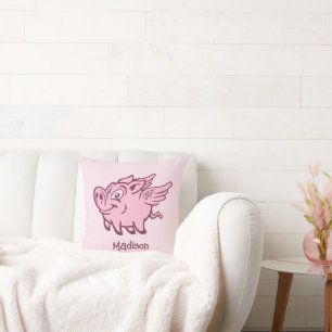 Cojín Decorativo Nombre personalizado y cerdo volador de color