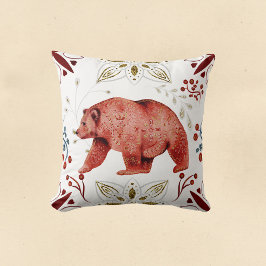 Cojín Decorativo Nórdico Red Bear Watercolor Arte Folclórico