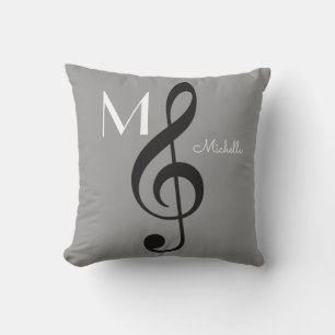 Cojín Decorativo nota de música treble clef monogramada gris