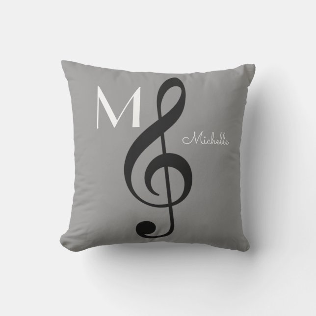 Cojín Decorativo nota de música treble clef monogramada gris (Anverso)