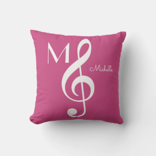 Cojín Decorativo nota musical treble clef monogramada rosa