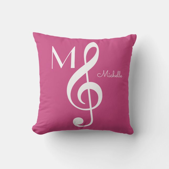 Cojín Decorativo nota musical treble clef monogramada rosa (Anverso)