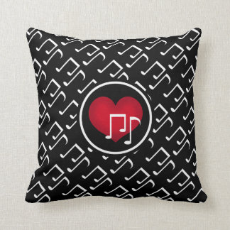 Cojín Decorativo Notas musicales en blanco y negro y corazón rojo