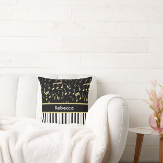 Cojín Decorativo Notas musicales y claves de piano negro y oro