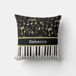 Cojín Decorativo Notas musicales y claves de piano negro y oro