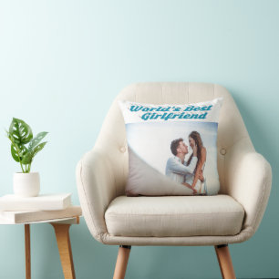 Cojín Decorativo Novia con foto de tipografía azul cielo
