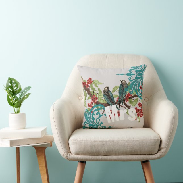 Cojín Decorativo Novia Verde azulada de aves Damask y Crimson Bloom (Silla)