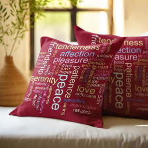 Cojín Decorativo Nube de palabras de paz y amor inspiracional roja