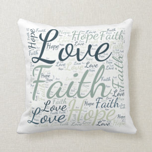 Cojín Decorativo Nube de Palabras Fe Esperanza Amor Verde Azul