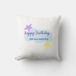 Cojín Decorativo Nubes azul pastel estrellas púrpura feliz cumpleañ
