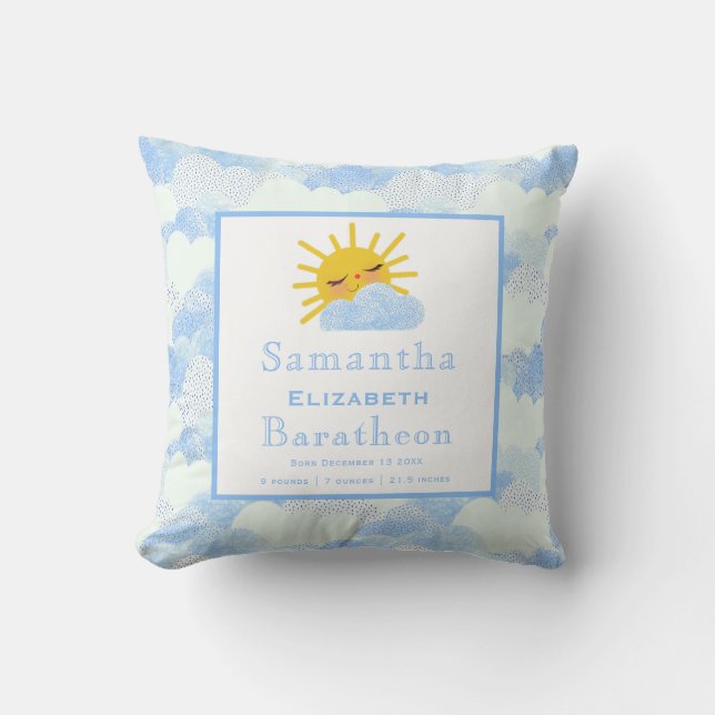 Cojín Decorativo Nubes azules brillan al sol Nacimiento Personaliza (Anverso)