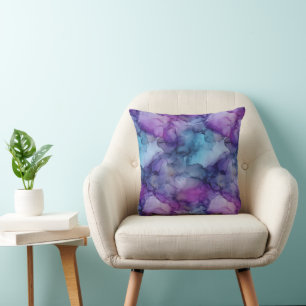 Cojín Decorativo Nubes de mármol de acuarela azul morado y verde te