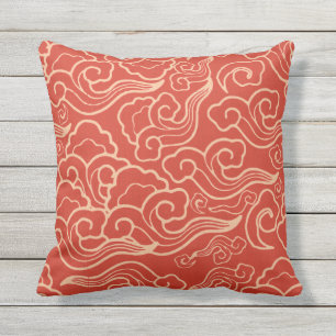 Cojín Decorativo Nubes japonesas vintage, Naranja de coral
