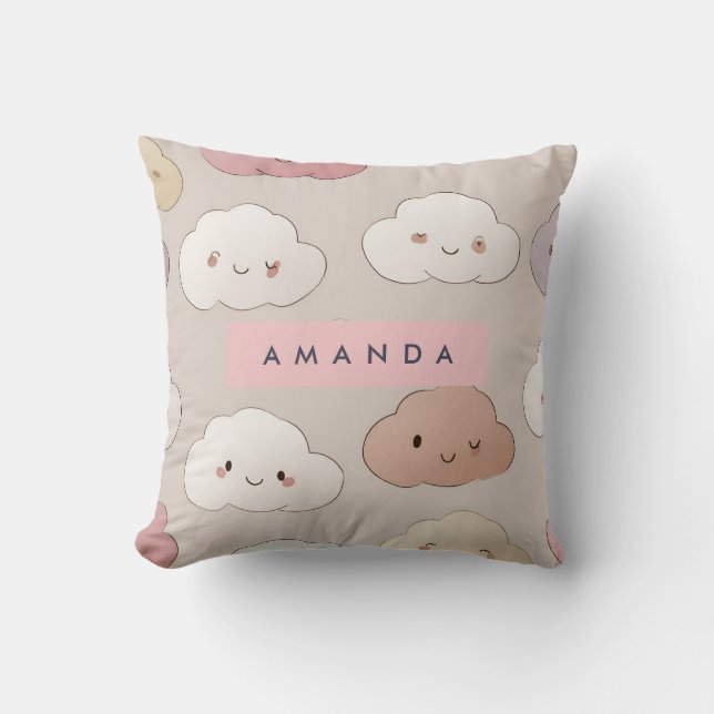 Cojín Decorativo Nubes sonrientes personalizadas de Kawaii Pastel (Anverso)
