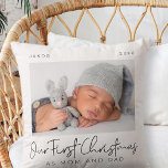 Cojín Decorativo Nuestra primera Navidad como mamá y papá Minimalis<br><div class="desc">El diseño está compuesto por una tipografía moderna de moda con fuentes sans serif y serif. Añadir una foto personalizado del bebé y del año.</div>