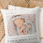 Cojín Decorativo Nuestra primera Navidad como Nana y Papa Moda mode<br><div class="desc">El diseño está compuesto por una tipografía moderna de moda con fuentes sans serif y serif. Añadir una foto personalizado del bebé y del año.</div>
