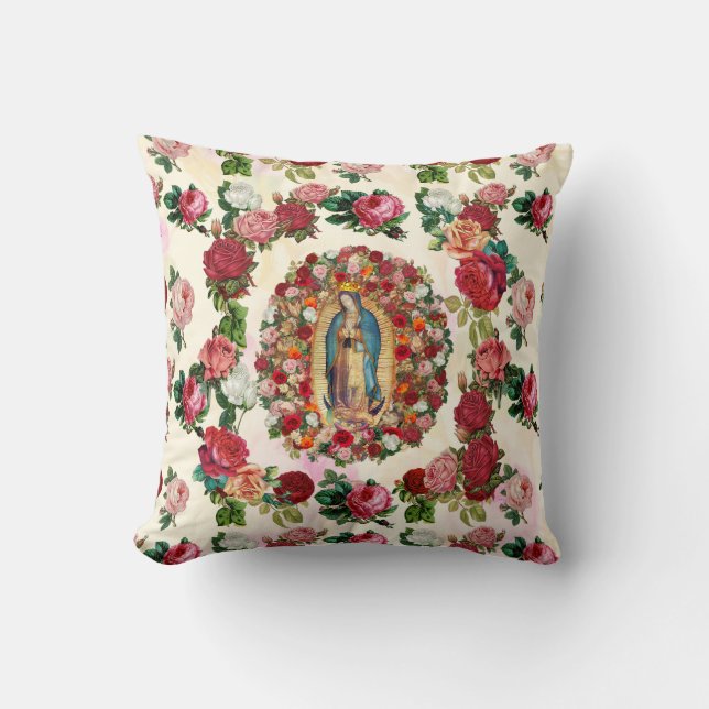 Cojín Decorativo Nuestra Señora de Guadalupe Rosas Potpourri (Anverso)
