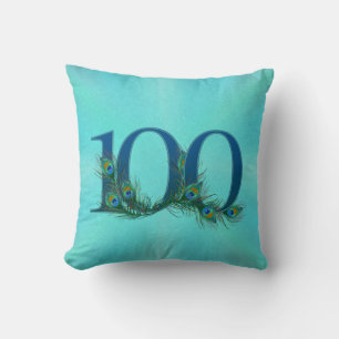 Cojín Decorativo Número de cumpleaños 100 con pluma de pavo real
