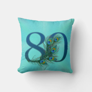 Cojín Decorativo Número de cumpleaños 80 con pluma de pavo real