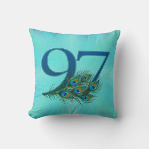 Cojín Decorativo Número de cumpleaños 97 con pluma de pavo real