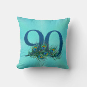 Cojín Decorativo Número de pluma de pavo real del 90 cumpleaños