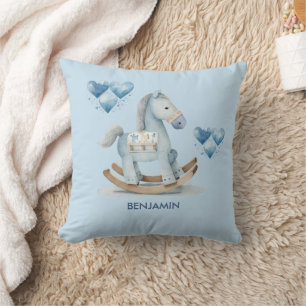 Cojín Decorativo Nursery azul bebé nombre de caballo de roca