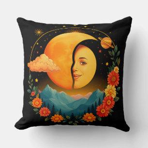Cojín Decorativo Obra de arte de media luna con montañas, girasoles