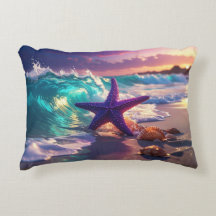 Ocean beach with violet starfish