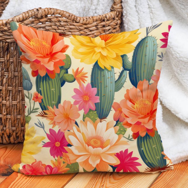 Cojín Decorativo Oeste del desierto Cactus Naranja Verde Amarillo (Cactus and colorful yellow and orange flowers pillow)