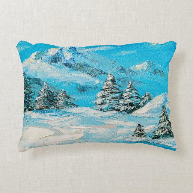 Cojín Decorativo  oil painting, winter mountain landscape with spru (Anverso)