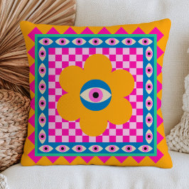 Cojín Decorativo Ojo Turco Margarita Amarilla sobre Patrón Cuadros