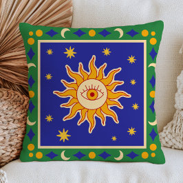Cojín Decorativo Ojo Turco Sol Verde y Azul Arte Folclórico Celesti