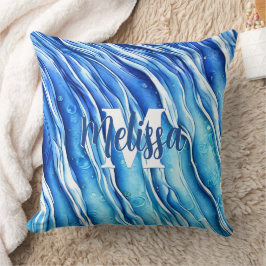 Cojín Decorativo Ola Azul del Océano Monogramado