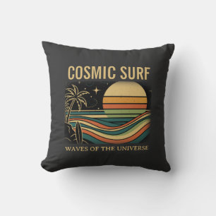 Cojín Decorativo Ola Cósmica Retro • Surfing de Puesta de Sol Vinta