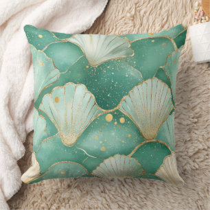 Cojín Decorativo Ola de Patrón de Concha de Mar Dorada en Aqua Verd
