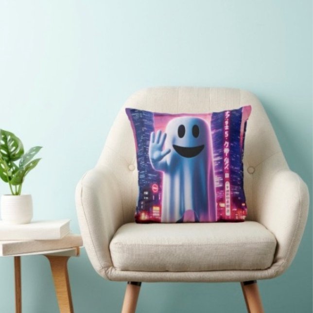 Cojín Decorativo Ola Fantasmal & Luces Urbanas  (Throw Pillow 100% polyester heavyweight stretch material. Hidden zipper Made in the USA.
)