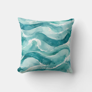 Cojín Decorativo Olas abstractas de océano acuarela turquesa