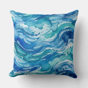 Cojín Decorativo Olas abstractas del océano en acuarela azul