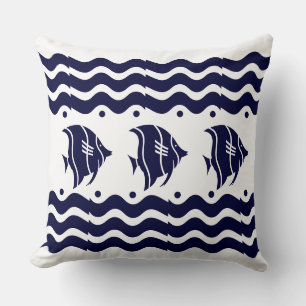 Cojín Decorativo Olas Art deco + pescado Azul blanco