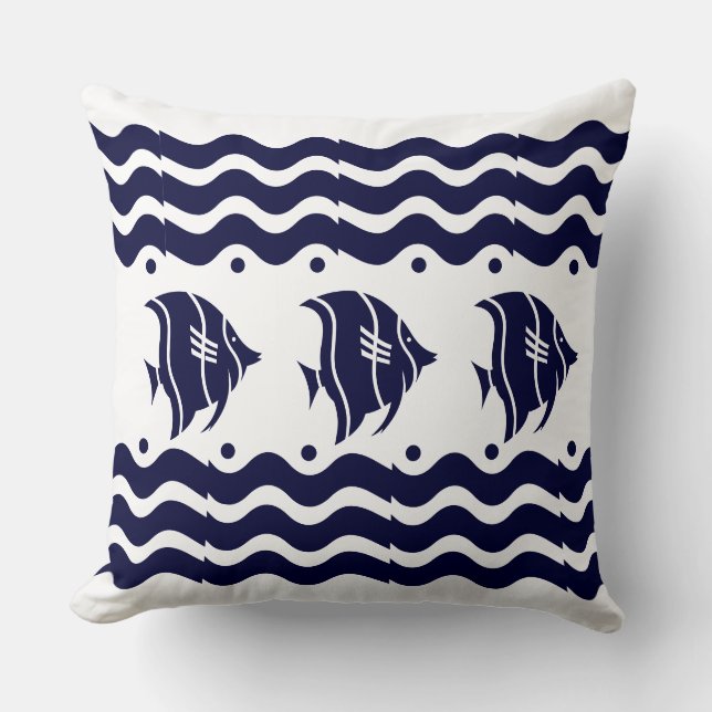 Cojín Decorativo Olas Art deco + pescado Azul blanco (Anverso)