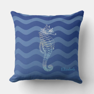 Cojín Decorativo Olas azules marinas, caballito de mar