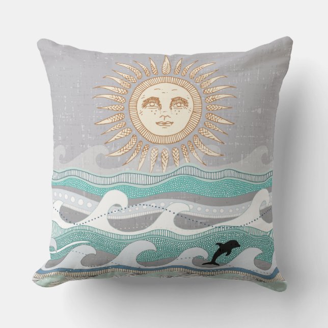 Cojín Decorativo olas de delfines al atardecer (Anverso)