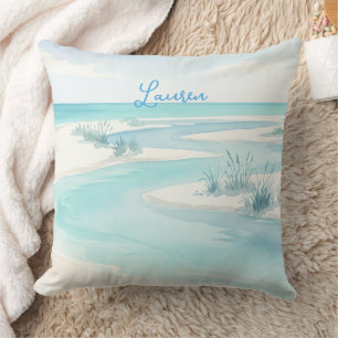 Cojín Decorativo olas de playa de acuarela azul pastel nombre edita